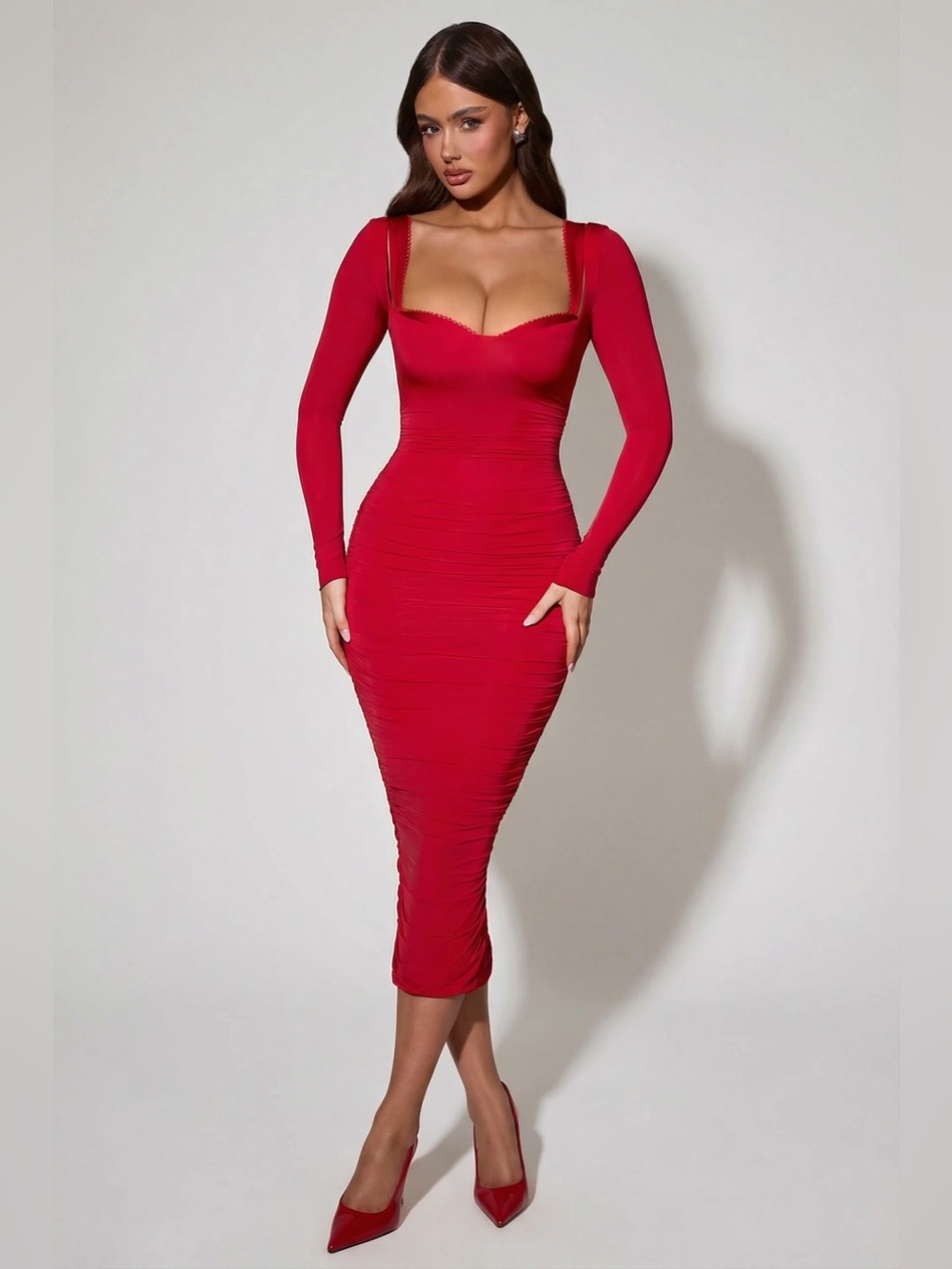 NEW Oh Polly Deliana Red Long Sleeve Layered Bra Detail Ruched Bodycon Dress